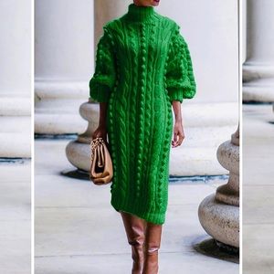 Cable knit long sleeve sweater dress with side split